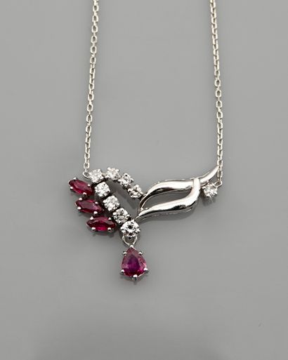 null Necklace in white gold, 750 MM, centered on a motif adorned with four rubies...