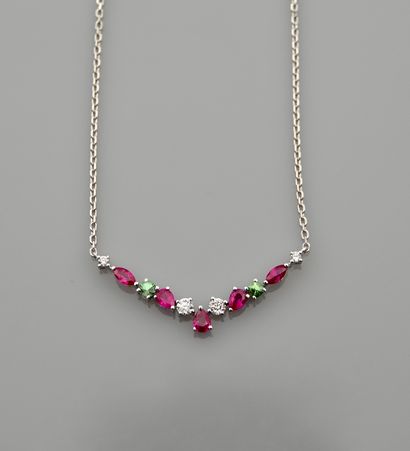 null Necklace in white gold, 750 MM, centered with pear-cut rubies, tsavorites and...