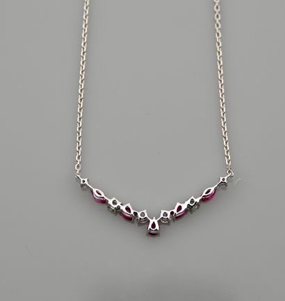 null Necklace in white gold, 750 MM, centered with pear-cut rubies, tsavorites and...