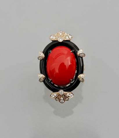 null Ring in white gold, 750 MM, centered by an oval red agate in cabochon in a ring...