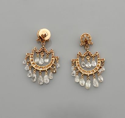 null Yellow gold girandole earrings, 750 MM, covered with diamonds, each bearing...