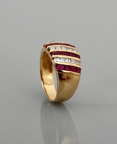 null Ring in yellow gold, 750 MM, covered with diamonds and rubies in waves, can...