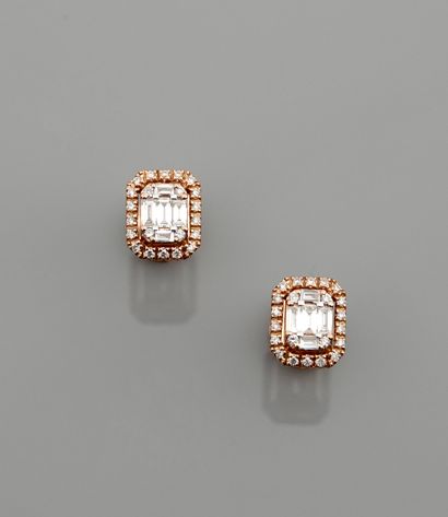 null Earrings in pink gold, 750 MM, centered with baguette diamonds hemmed with round...