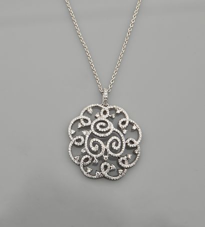 null Chain and pendant in white gold, 750 MM, drawing ribbons and intertwined spirals,...