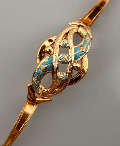 null Partie de bracelet articulé en or jaune, 750 MM, appliqué d'émail bleu en l'état,...