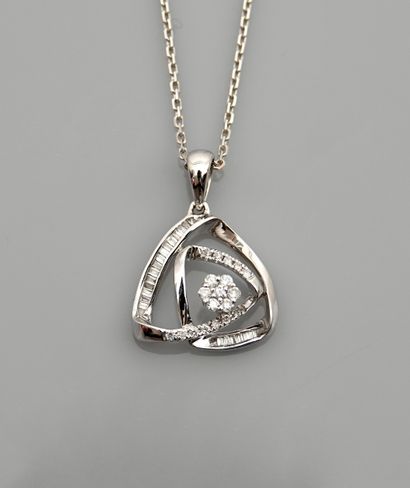 null Chain and pendant in white gold, 750 MM, covered with round and baguette-cut...