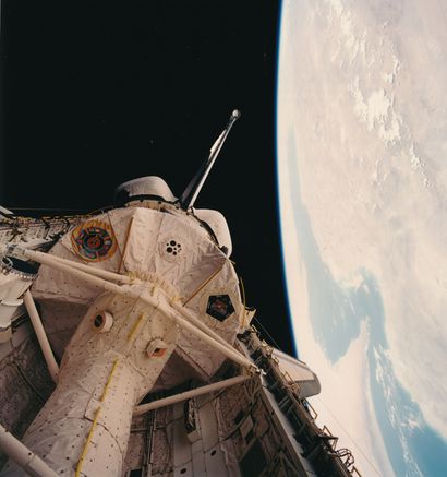 null Nasa. A very nice perspective of the open payload bay of the space shuttle floating...