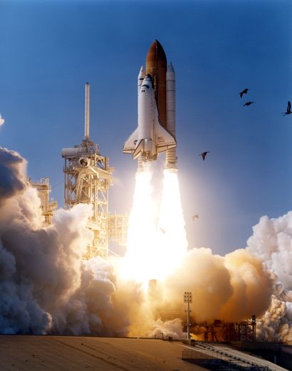null NASA. Liftoff of Space Shuttle Atlantis (Mission STS 110) on April 8, 2002 from...