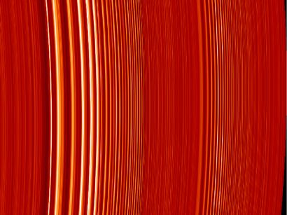 null NASA. This false-color image of two density waves in Saturn's A ring was made...