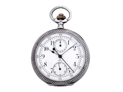 OMEGA Chronographe de poche - « Nielle damier » Montre chronographe de poche en argent...