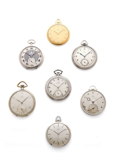 OMEGA 
A SET OF 7 POCKET WATCHES

Metal and silver pocket watches with mechanical...