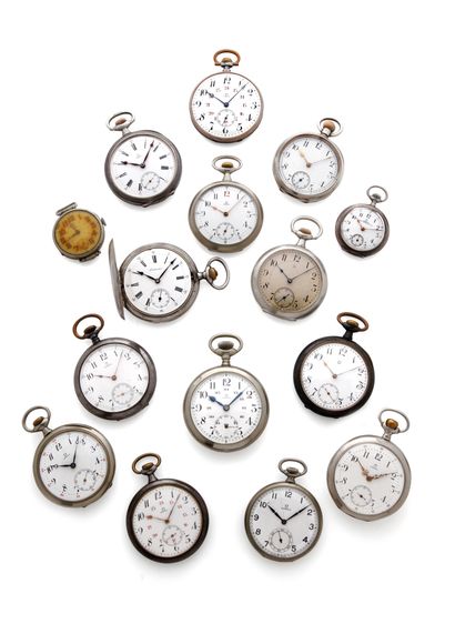 OMEGA (et Labrador) 
A BATCH OF 15 POCKET WATCHES

Metal and silver pocket watches...
