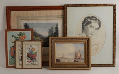 null Set of 12 framed pieces including prints, drawings and paintings

Various periods...