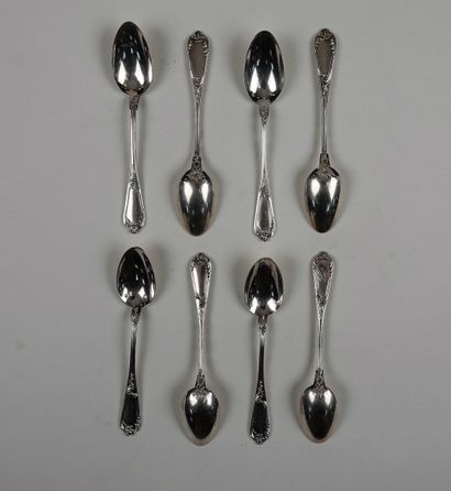 null 8 silver coffee spoons, foliage pattern, some of them engraved "RB 

Gross weight...