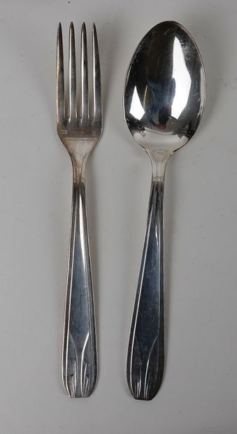 null Set of silver plated cutlery in the Art Deco style including: 12 place settings...