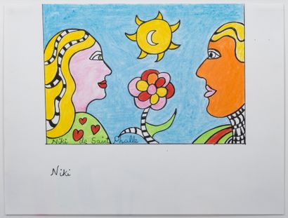 Niki de SAINT-PHALLE (1930-2002) Le Couple Encre et crayons de couleurs sur papier...