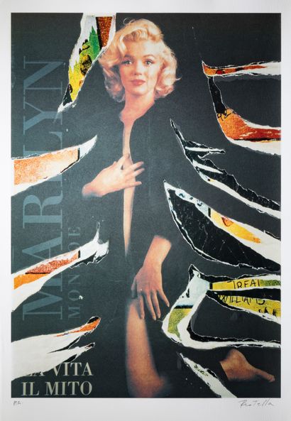 Mimmo ROTELLA (1918-2006) Marilyn au manteau noir
Estampe avec collages
Signée et...