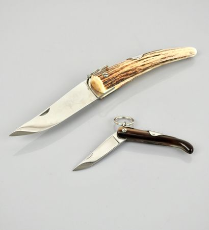 null Set of 2 "Jacques Mongin" folding knives; one with an antler handle, blade of...