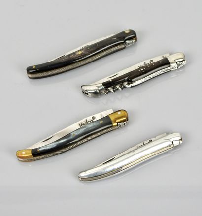 null Set of 4 folding knives "Laguiole R" in horn, wood and steel, 10 cm blade. Good...