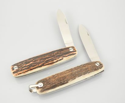 null Set of 2 "Jacques Mongin" folding knives, antler handles; one with one blade...