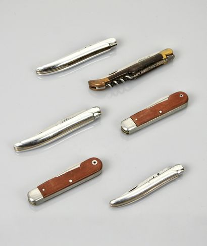 null Set of 4 Laguiole knives and 2 other folding knives of the brand "Elsener Scwyz"....