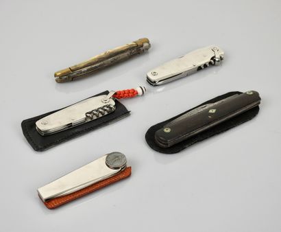 null Set of 5 Mongin folding knives, the bee and two old ones; Traces of use. Good...
