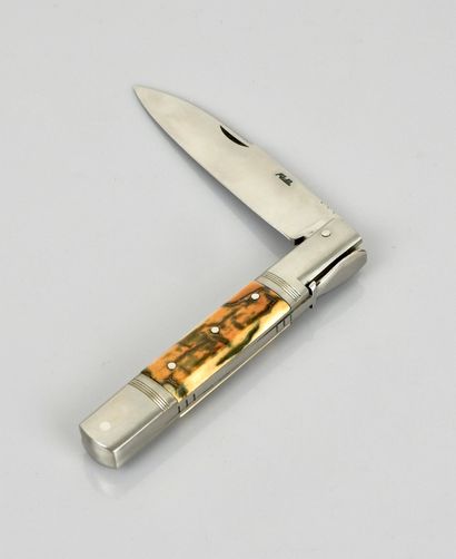null Folding art knife in fossilized ivory, blade signed "R.B." (Robert Beillonnet)...