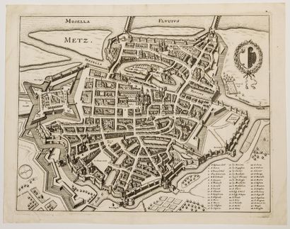 null 21 - MOSELLE. Plan XVIIe s. de la Ville de METZ. Table de renvoi aux chiffres...