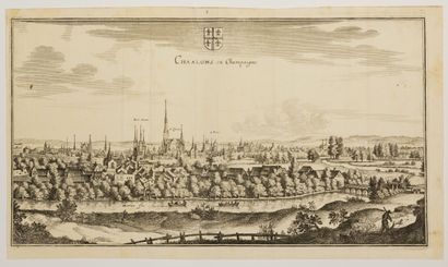 null 171 - MARNE. View of "CHÂLONS-EN-CHAMPAGNE", XVIIth, by MÉRIAN. Etching, on...