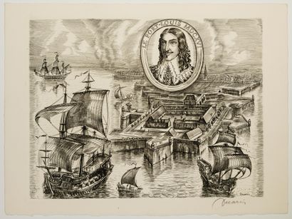 null 141 - Albert DECARIS. "Le Port Louis, 1616" (Morbihan). Original etching in...