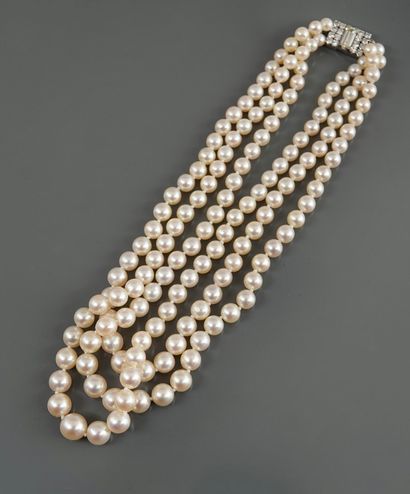 null Necklace made up of three rows of cultured pearls, between 6 and 10 mm, length...