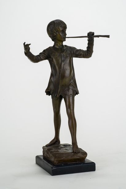 null Young boy with a flute 

Bronze with brown patina, marble base 

Dated 1915...