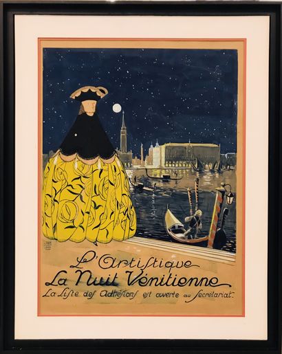null Georges JAN (XIX-XXe) La Nuit vénitienne, 1922 Gouache sur papier contrecollé...