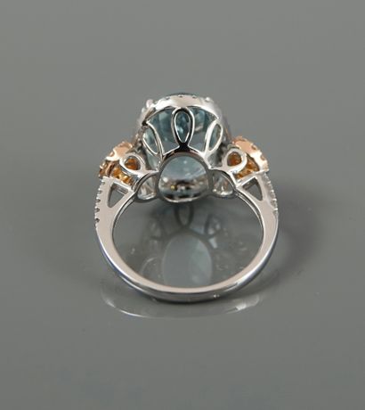 null White gold ring, 750 MM, set with an oval aquamarine weighing 5.52 carats surrounded...