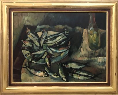null César BOLLETTI (1915-1995) Still Life with Sardines, 1945 Oil on panel Signed...