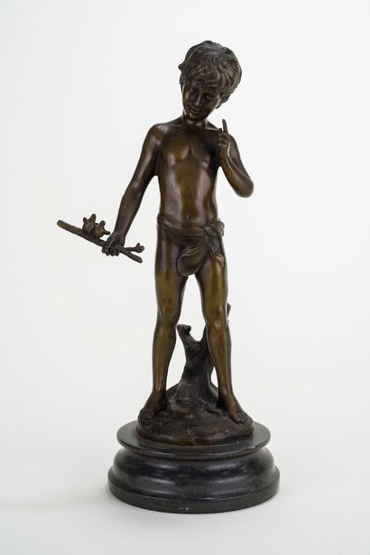 null Child with doves 

Bronze with brown patina, old cast iron 

Black marble base...