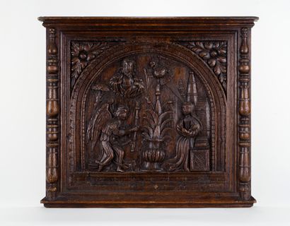 null The Annunciation in representation Bas-relief carved oak, Gothic architecture...