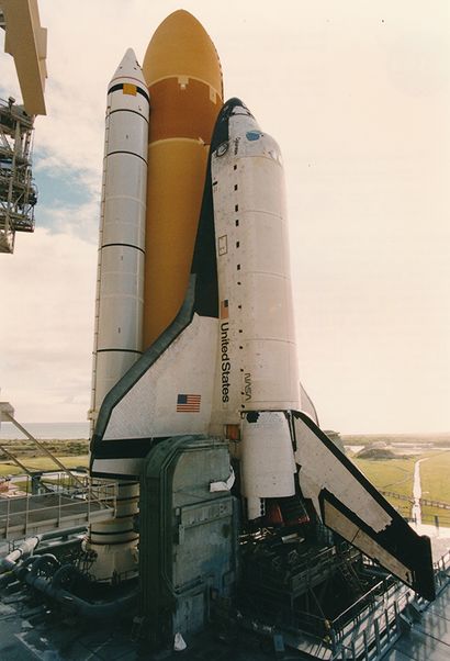 null Nasa. On its launch pad, the space shuttle Columbia (Mission STS-94) displays...
