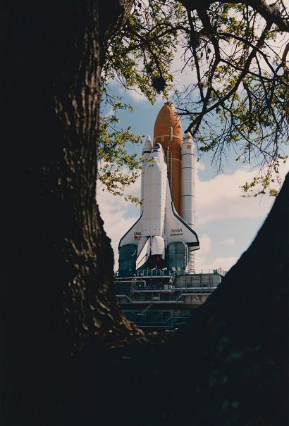 null Nasa. Space Shuttle Endeavour (Mission STS-77) on its transport cart makes a...