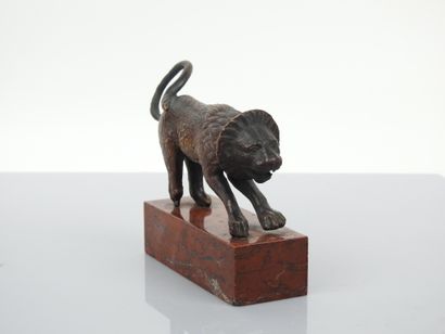 null Statuette à patine brune représentant un lion rugissant d’après l’antique sur...