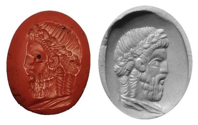 null Intaglio engraved with a portrait of Jupiter

Red jasper 16mm

Greco-Roman ...