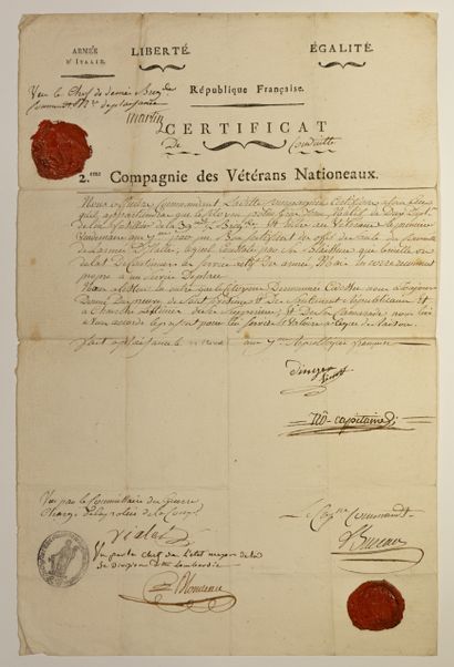 null ARMÉE D’ITALIE. Certificat signé du Conseil du 2° COMPAGNIE DES VÉTÉRANS NATIONAUX...