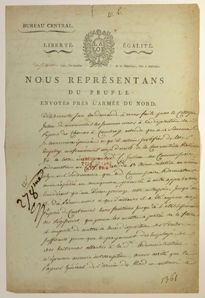 null ARMÉE DU NORD. Pièce signée « les Représentants du Peuple envoyés près l’Armée...