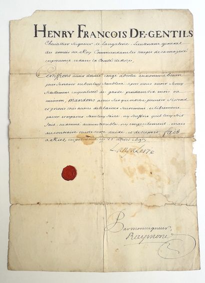 (PROVENCE) Congé signée Henry François DE-GENTILS...