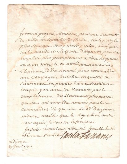 null DIJON (21) 25 Janvier 1750, Lettre signée Charles François Casimir de SAULX,...