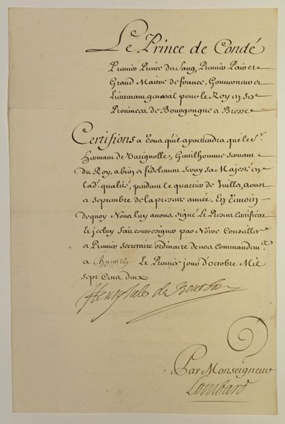 null CHÂTEAU DE CHANTILLY (OISE) 1702. Pièce signée « HENRY JULES DE BOURBON” Prince...