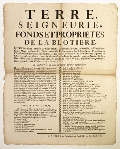 null VENDÉE. 1789. DEUX-SÈVRES. Vente de la Seigneurie et du Château de la BLOTIÈRE,...