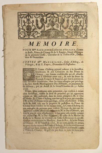 null SUCCESSION DU PRINCE DE CHIMAY. 1742. Procès imprimé 21 pages in-folio : « Mémoire...