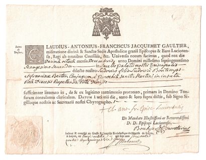 null VENDÉE. Letter of tonsure signed Claude Antoine François JACQUEMET-GAULTIER...