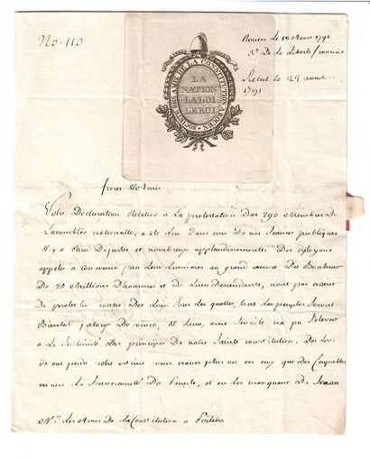 null SEINE-MARITIME. Letter from the "SOCIÉTÉ DES AMIS DE LA CONSTITUTION DE ROUEN...